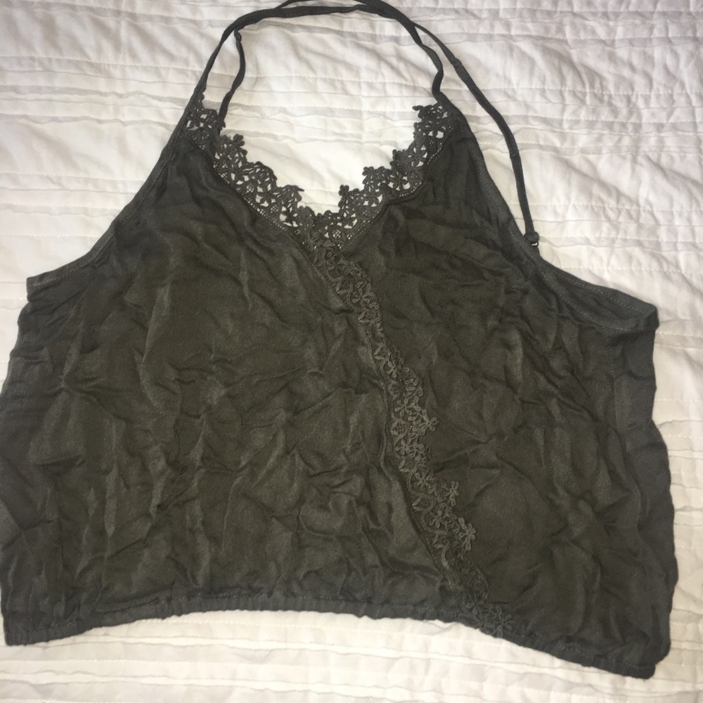 Olive green smocked flower lace crop top strappy
